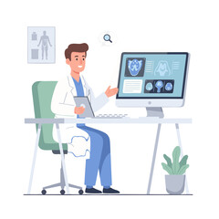 Male therapist in white coat sitting at desk documenting mental health progress on computer screen after online session flat cartoon style vector illustration