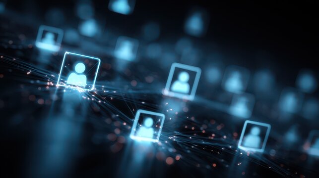 Digital network connecting global user profiles, illuminated data streams flowing between diverse online community members. - Powered by Adobe