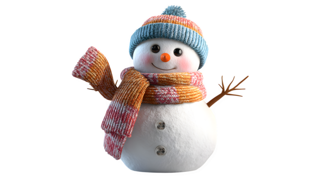 Cheerful Snowman with Blue and Orange Hat and Scarf  isolated on white background - Powered by Adobe