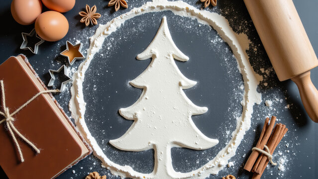 Baking ingredients arranged for festive preparation, featuring flour shaped like Christmas tree, eggs, spices, and baking tools