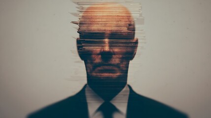 An abstract portrait of a faceless figure with distorted features, blending elements of technology and human emotion.