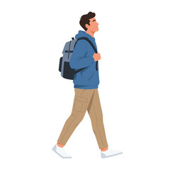 Man in Blue Hoodie Tan Pants and White Sneakers Walking Right Carrying a Sling Backpack With a Black Background Minimalist Flat Design Vector Illustration