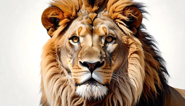 A close-up portrait of a majestic lion with a rich, golden mane and focused, intelligent eyes. It gazes directly at the viewer