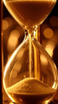 Hourglass with golden sand falling, time management concept, deadline countdown, vintage clock flow, vertical 9:16 background for social media stories