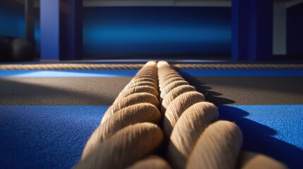 Close-Up View of Thick Rope on Gym Floor with Blue and Black Carpet in Modern Workout Space for Fitness and Training Activities