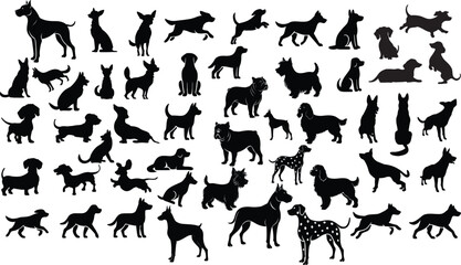vector, isolated black silhouette of a dog, collection.