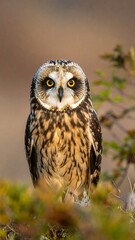 Obraz premium A close-up portrait of a majestic owl with striking yellow eyes, perched amidst natural foliage. The owl?s feathers are beautifully detailed