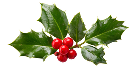 A sprig, three leaves, of green holly and red berries for Christmas decoration isolated on white background