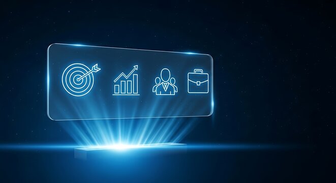 Holographic business icons: target, growth, team, briefcase, strategy vision
