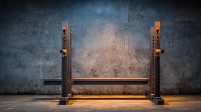 Industrial gym setting featuring a bench press setup with dramatic lighting and textured concrete wall for fitness and strength training enthusiasts