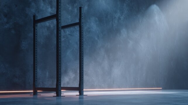 Empty gym space featuring a minimalist squat rack against a dark textured wall with dramatic lighting creating a moody atmosphere for fitness enthusiasts