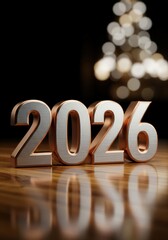 2026 Metallic Numbers On Wooden Floor With Bokeh Lights For New Year Celebration
