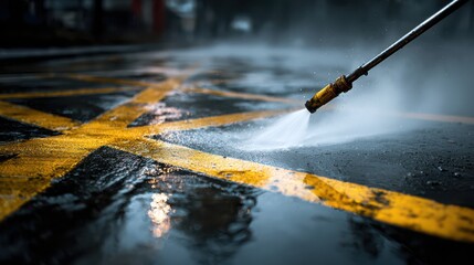 High pressure washing urban asphalt street with vibrant yellow road markings, powerful water stream cleaning public surface.