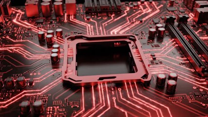 Closeup of a futuristic computer motherboard with glowing red circuit lines and an empty CPU socket symbolizing advanced technology data processing and the core of digital innovation and electronic e. - Powered by Adobe