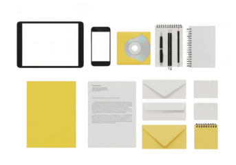Flat design office supplies including tablet, smartphone, cd, notepad, envelopes, and pens on transparent background