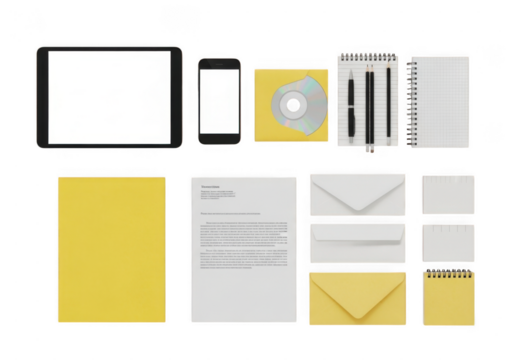 Flat design office supplies including tablet, smartphone, cd, notepad, envelopes, and pens on transparent background