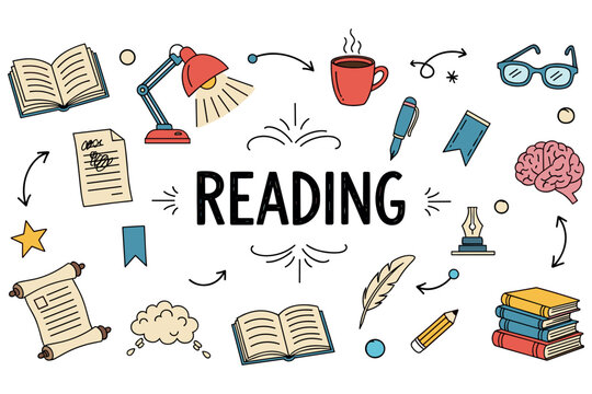 Reading enthusiast icons: books, coffee, lamp, glasses, brain, pen, pencil, paper scroll