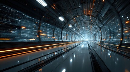 Abstract futuristic tunnel with fast moving data streams and glowing lines, symbolizing digital technology and speed.