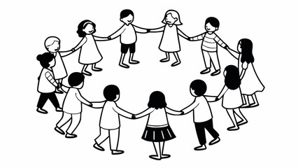 Illustration of a group of children holding hands in a circle in black and white line drawing style shahid silhouette