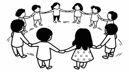 Illustration of diverse children holding hands in a circle on a white background showing unity and play shahid silhouette