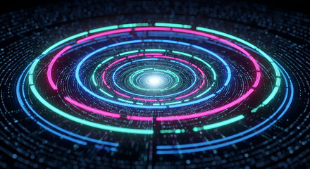 Fototapeta premium Neon light circles abstract background futuristic glowing tunnel technology wallpaper design concept art effect