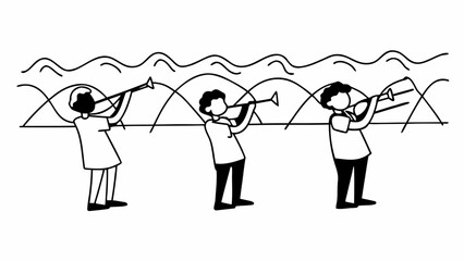 Three people blowing trumpets in a line with wavy lines and triangles in the background in black and white shahid silhouette