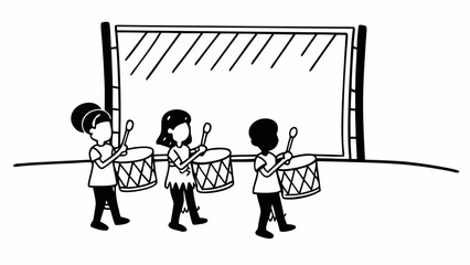 Three children playing drums in front of a large rectangular frame with diagonal lines inside it shahid silhouette