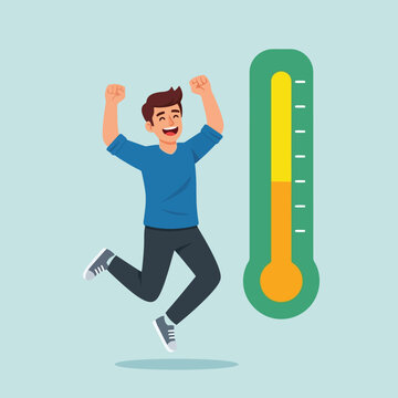 Happy man jumps for joy as thermometer reaches its goal target