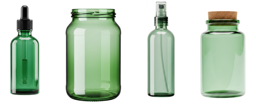 Algae Cosmetic Packaging Bottle Set PNG. Collection of green semi-translucent bioplastic containers including dropper, spray, and jars. Sustainable eco friendly beauty branding kit for skincare PNG