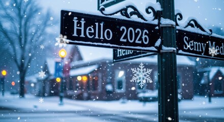 Obraz premium Street sign reading hello 2026 covered in snow during a winter storm with snowflakes falling gently