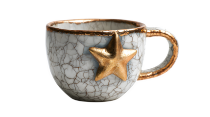 Handcrafted ceramic cup with crackle glaze and gold-rimmed Christmas star, isolated on white background