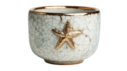 Handcrafted ceramic cup with crackle glaze and gold-rimmed Christmas star, isolated on white background