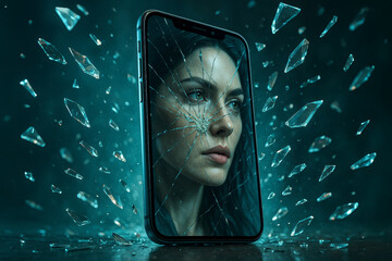 Concept of technological fragility and interrupted connection with broken screen and glass explosion.