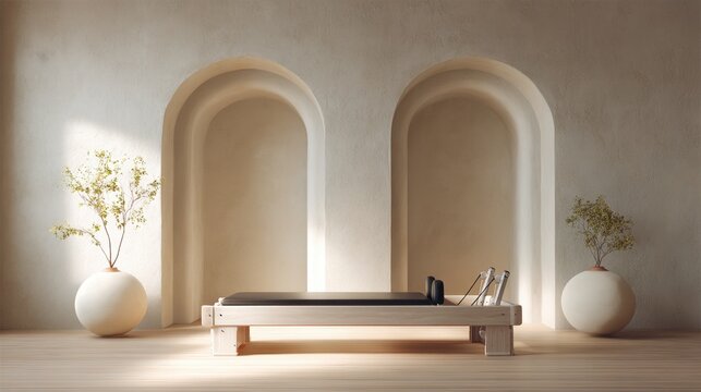 Minimalistic Pilates Studio Interior with Wooden Reformer's Bed, Soft Natural Lighting, and Decorative Planters for Relaxing Atmosphere