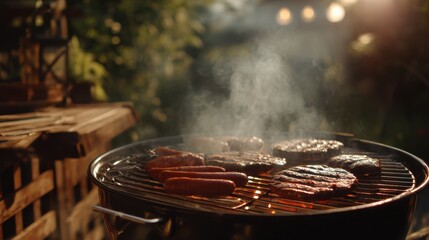People enjoy a lively gathering while grilling various meats on a barbecue. The warm glow of the sunset adds to the atmosphere as smoke rises from the grill.