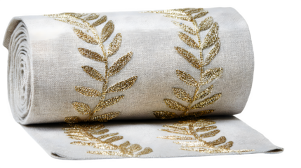 Linen table runner with hand-stitched metallic thread garland design, isolated on white background