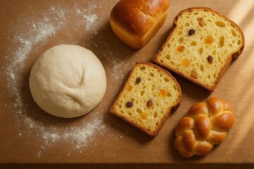 Freshly Baked Bread and Dough on a Wooden Surface