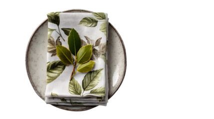 Organic cotton napkin with natural dye holly leaf print, isolated on white background