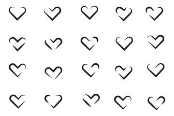 Elegant heart outline icon set. Collection of 20  heart icons in black line art style. Romantic designs, valentine’s day cards, wedding invitations, logos, stickers. Vector 