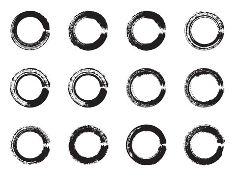 Set of black grunge circles shapes on a white background. Vector brush circle. Grunge round shape. Paint brush blob, circle shape, round chalk bubble, charcoal button, ink stain, grunge edge