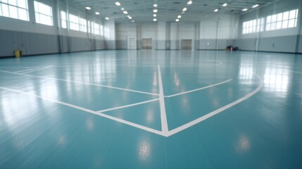 Spacious indoor sports facility with pristine turquoise floor and white court markings, ideal for basketball, volleyball, and multi-sport activities