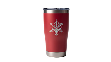 Reusable Christmas tumbler with matte red finish and silver snowflake decals, isolated on white background