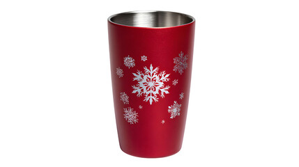 Reusable Christmas tumbler with matte red finish and silver snowflake decals, isolated on white background