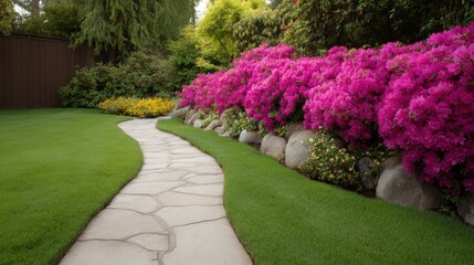 Obraz premium Beautiful pathway winding through vibrant pink bougainvillea flowers and lush green grass in a serene garden setting