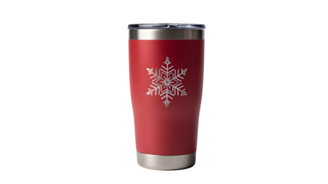 Reusable Christmas tumbler with matte red finish and silver snowflake decals, isolated on white background