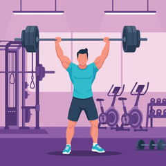 Fototapeta premium Strong man lifting heavy barbell overhead in modern purple toned gym