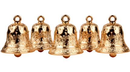 Set of Five Shiny Golden Bells with Intricate Detailing  isolated on white background