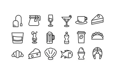Set of Thin Line Icons for Food, Beverages, and Dining. Coffee, Cocktails, and Meal Preparation Line Art Iconography.