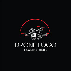 Detailed silhouette of a multi-rotor drone flying in a circular badge Vector logo template