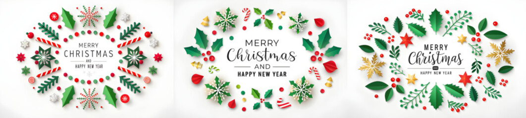 Naklejka premium Three christmas wreaths with paper cutouts and merry christmas and happy new year text on white